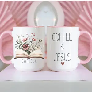 Personalized Christian Coffee Mug, Bible book Mug Gift For Her, Coffee And Jesus Cup, Floral Scripture Mug, Religious Morning Gift 