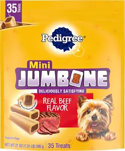 PEDIGREE MINI JUMBONE: Small dog treats with real beef flavor, perfect for training or rewarding. Comes in a 21 oz. pack with 35 treats.