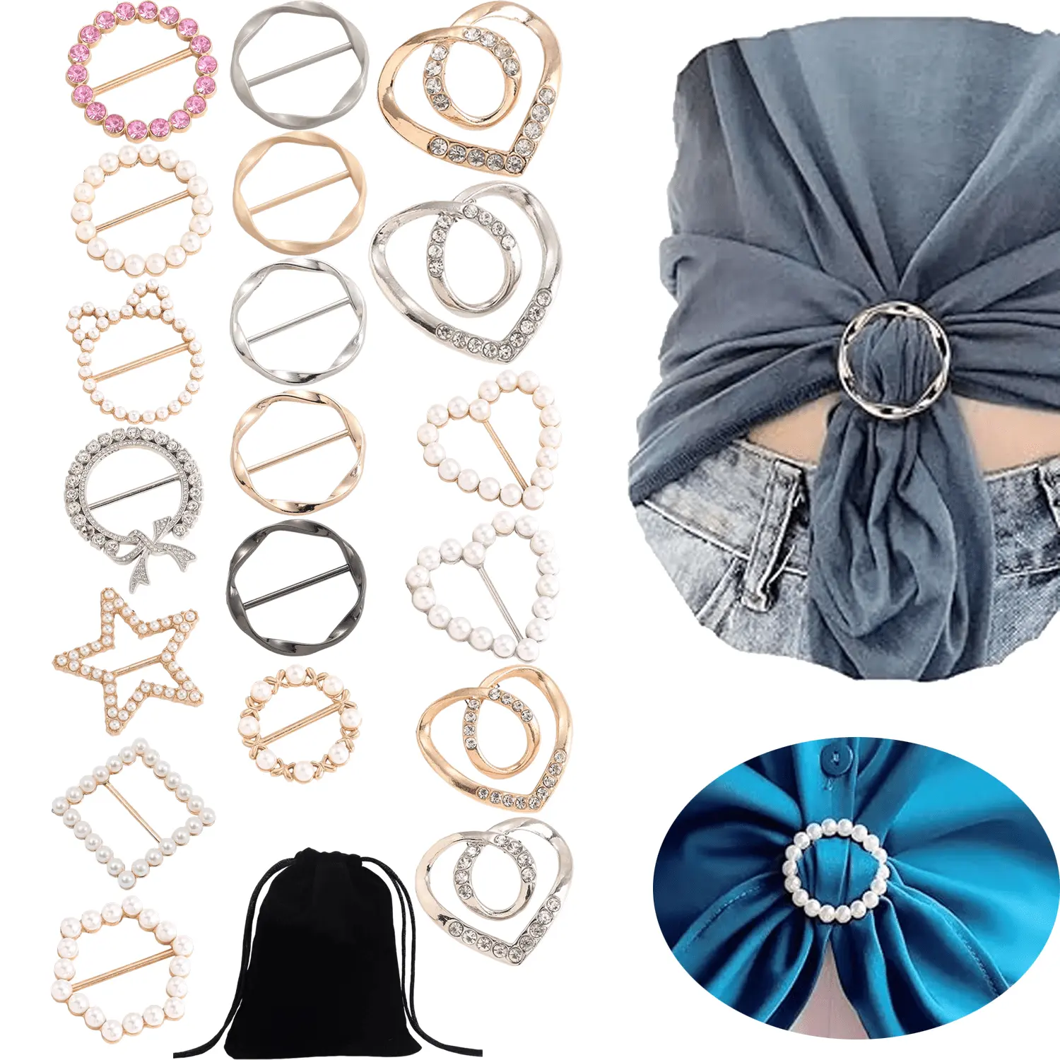 20PCS Scarf Ring Clip -T-shirt Ties Clips Clothes Corner Knotted Button for Women Fashion Metal Round Circle Shirt Clip Buckle For Womens Clothing Accessories
