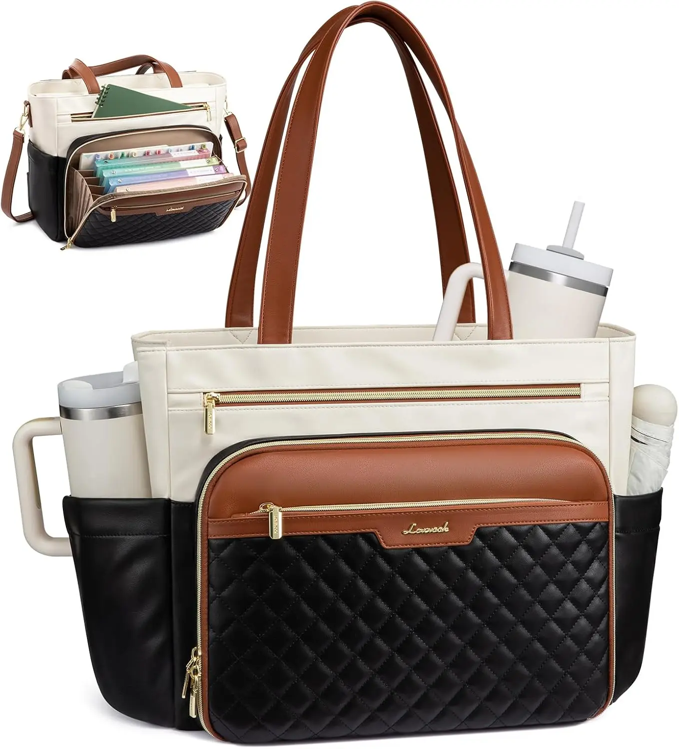 Teacher Tote Bag with Accordion File Pocket, Soft PU Leather Work Briefcase Quilted Laptop Bag with Large Cup HolderGift.