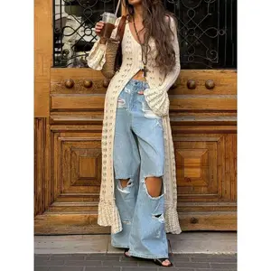 Women's Plain Hollow Out Button Front Cardigan, Chic Casual Breathable Elegance Fitted Flounce Sleeve Knitwear for Summer, Fashion Women's Knit Clothing for Daily Wear, Lightweight Knitwear, Lady Soft Casual Knitwear for Spring, Warmer