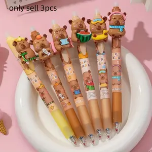 Cute Capybara Design Retractable Gel Pen (3/6 Counts), Rollerball Pen Set, 0.5mm Fine Tip Writing Pen, Stationery Supplies for Students, Office Workers, Animal Lovers, Ballpen Set, Retractable Fine Point