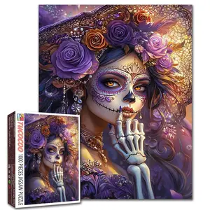 Tucocoo Gothic Catrina Rose Skull Art 1000 Pieces Jigsaw Puzzle for Adult, rich purple tones floral skull portrait with intricate details, mindfulness puzzle relaxing hobby brain training family fun decorative wall art gift idea 27.5x20inch 70x50cm