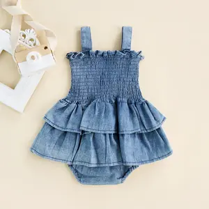 Baby Girl Denim Rompers Sleeveless Suspender Pleated Ruffle Hem Bottom Snap Jumpsuits Dress Clothes