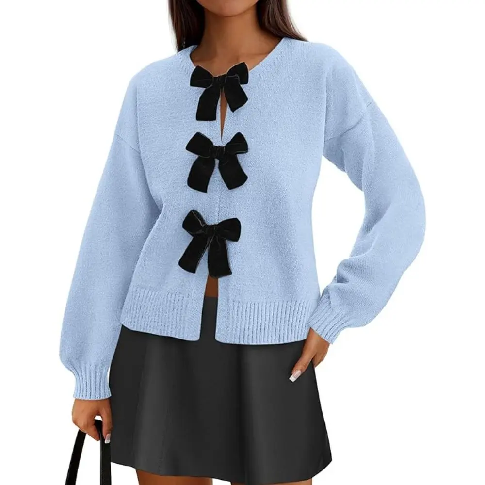 PrettyGarden Womens' Velvet Bow tie Button Down Cardigan Sweaters Fall Fashion Front Long Sleeve Knit Sweater Tops Cute Winter Clothes