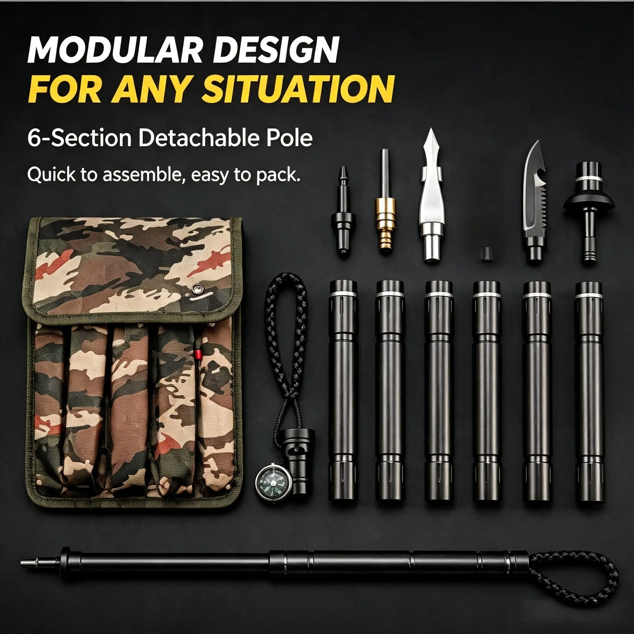 6-Segment Modular Survival Trekking Pole - Detachable Foldable Hiking Stick with Multi Survival Tools, Compass, Carry Bag - Durable Outdoor Pole for Hikers & Outdoor Adventurers#TrekkingPole#HikingStick Multifunctional Folding Shovel