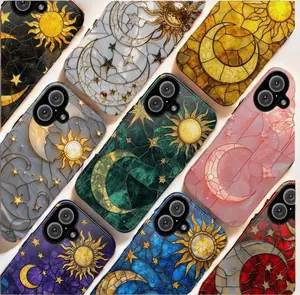 Celestial Stained Glass Moon and Sun Phone Case for iPhone 17 16 15 14 13 Pro Max Plus, Aesthetic Luxury Protective Cover, Gift for Her