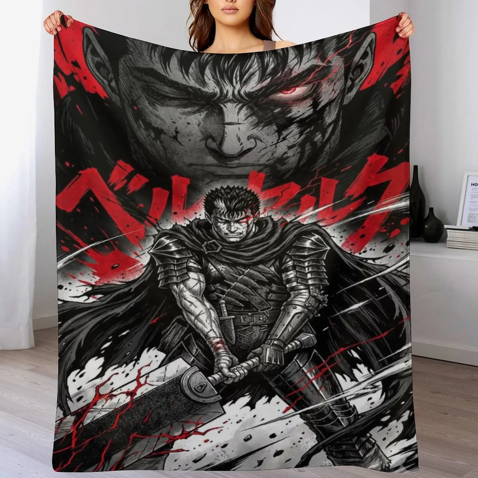Berserk Guts Black & Red Flannel Throw Blanket, Manga Warrior with Greatsword Print Fleece Blanket, Cozy Warm Blanket for Anime Fans Bedroom Couch
