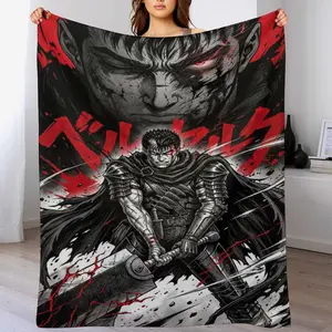 Berserk Guts Black & Red Flannel Throw Blanket, Manga Warrior with Greatsword Print Fleece Blanket, Cozy Warm Blanket for Anime Fans Bedroom Couch