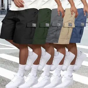 cargo shorts men 5 pack Cargo Shorts – Elastic waistband drawstring design, multiple pockets, letter appliqué pattern, regular fit with mid-to-high rise, non-stretch fabric; suitable for everyday wear and casual activities; not see-through material; mens