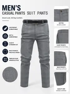 Silver Men's Fitted Business Suit Pants, Fashion Classic Houndstooth Viscose Formal Pants, Business Trousers, Button Fly, All Seasons, No Belt or Shoes Included