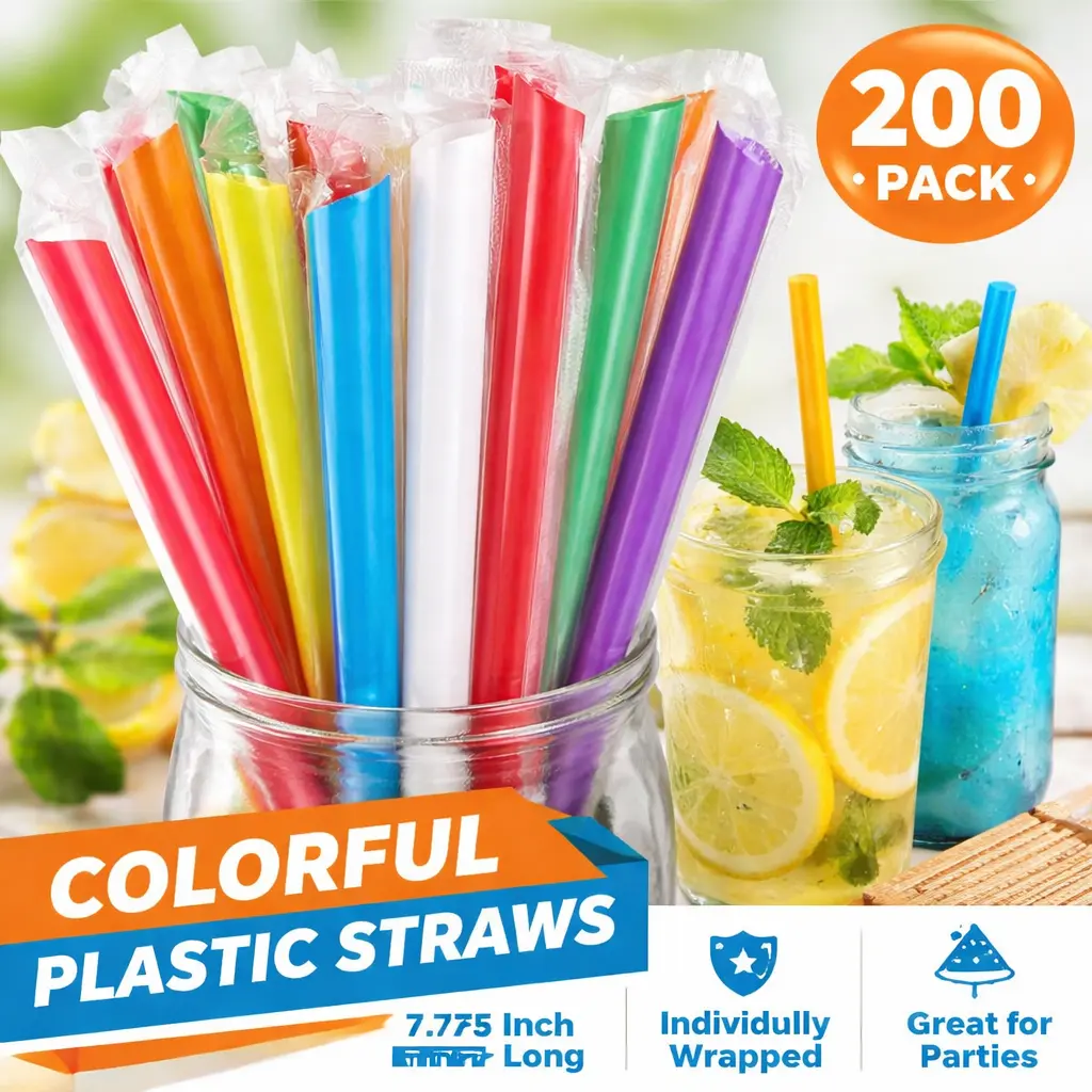200-Pack Jumbo Disposable Plastic Straws - Individually Wrapped Multicolored Wide-Mouthed Boba Straws for Bubble Tea, Milkshakes - Bulk Bar/Kitchen Utensils for Home, Cafes