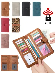Women's Vintage RFID Blocking Wallet with Wrist Strap, Button Closure, Polyester Lining, Zipper Pocket, Credit Card Holder, Best Gift
