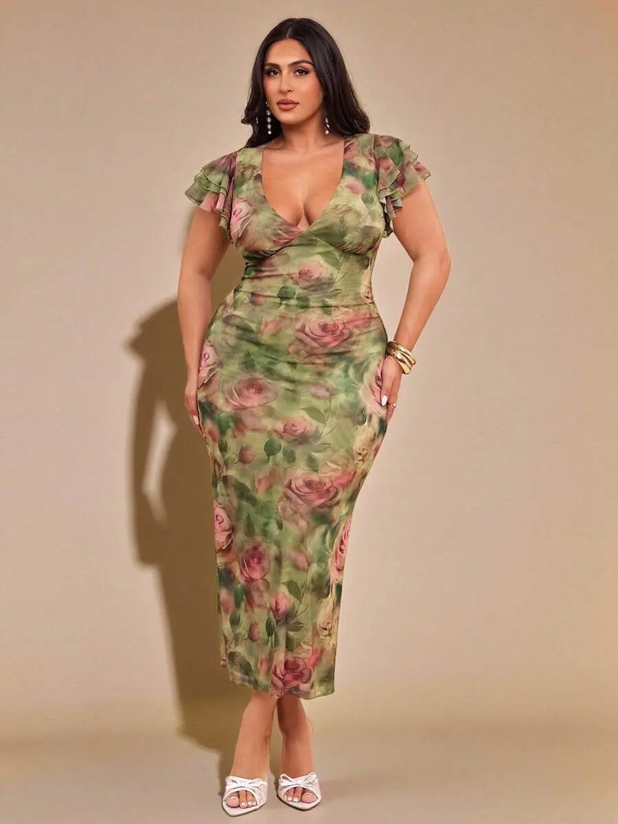ZENIE Plus Size Elegant V Neck Long Fitted Ruffle Hem Large Floral Print Dress Fall Winter Party Wedding Guest Birthday Homecoming Outfit