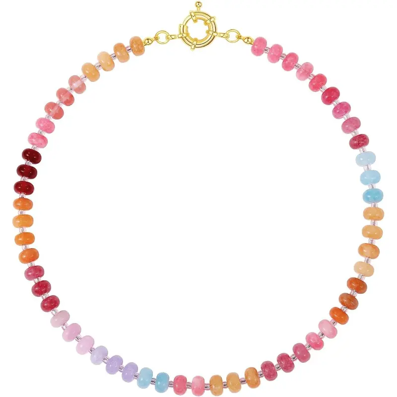 Bohemian Dainty Choker Necklace for Women, Handmade with Colorful Assorted Natural Stone Beads, 16-Inch Gold-Plated Summer Beach Jewelry, Dainty Necklace, Assorted Necklaces