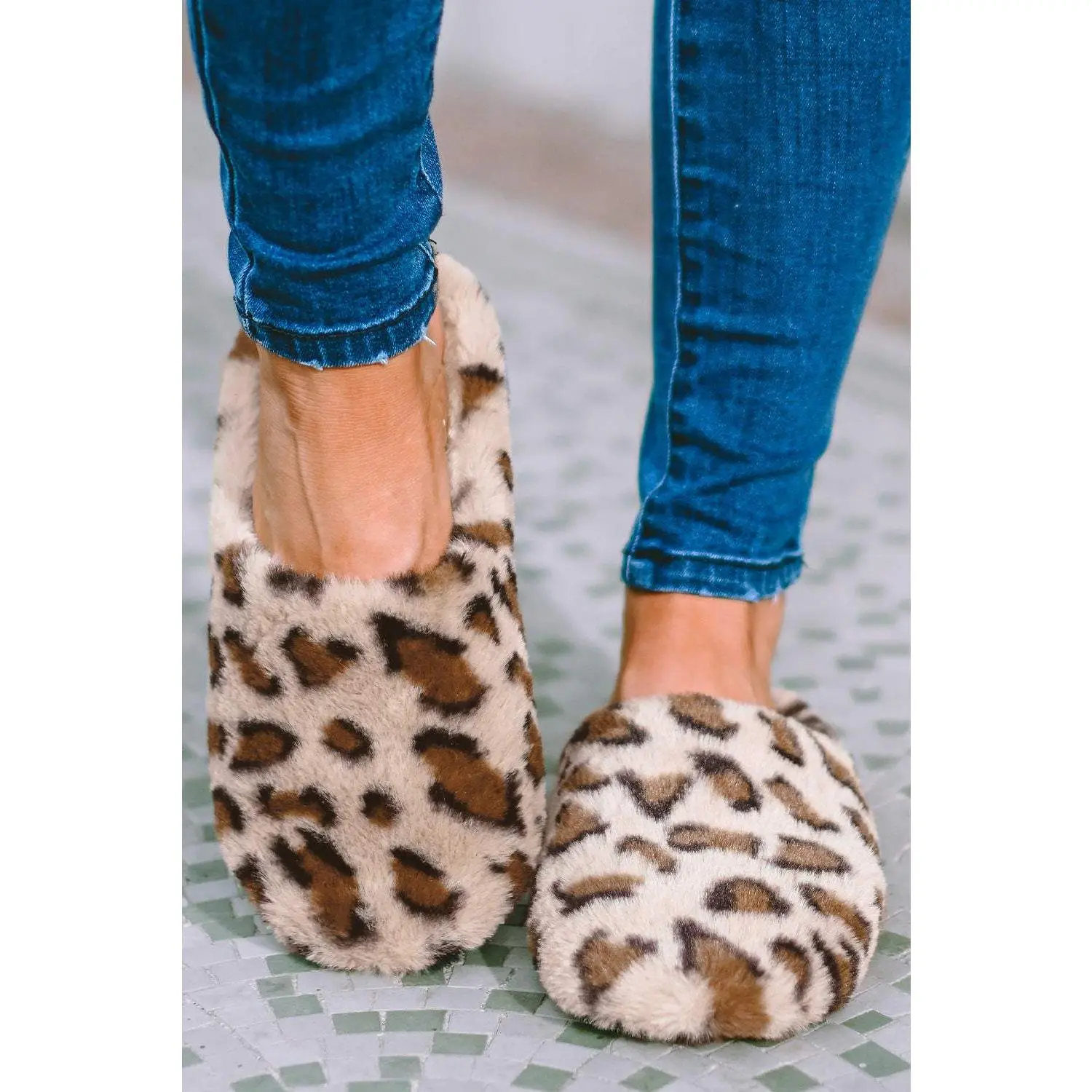 Camel Leopard Print Fuzzy Home Slippers