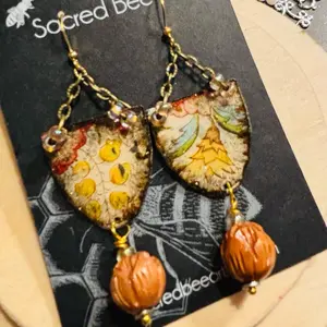 Sacred Bee Reclaimed and Up Cycled Tin Earrings with Unique Leaf Design and Walnut Beads