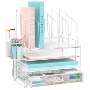 4-Tier Mesh Desk Organizer with Drawer, Desktop Organizer with 5 Vertical File Holders and 2 Pen Holders, File Organizer for Desk, Multifunction Office Desk Accessories