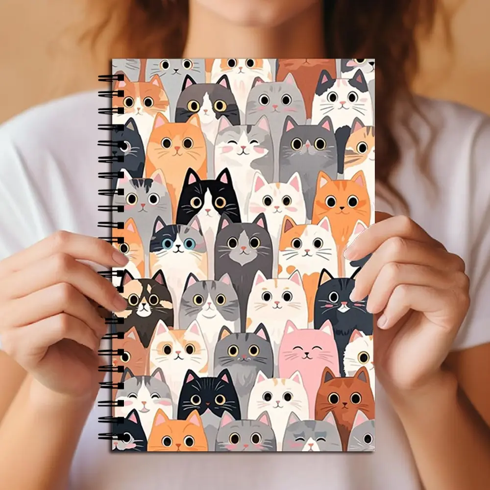Cute Cats Spiral Notebook, Aesthetic Kawaii Cat Print Journal, Colorful Cat Pattern Lined Illustration Notebook, Diary for School Office Women Girls, School Notebooks, Stationery Office Supplies
