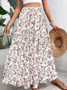Women's Ditsy Floral Print Elastic Waist A Line Bohemian Skirt, Boho High Waist Maxi Long Skirt For Beach Holiday Vacation, Ladies Spring & Fall Clothes, Womenswear, Bottom