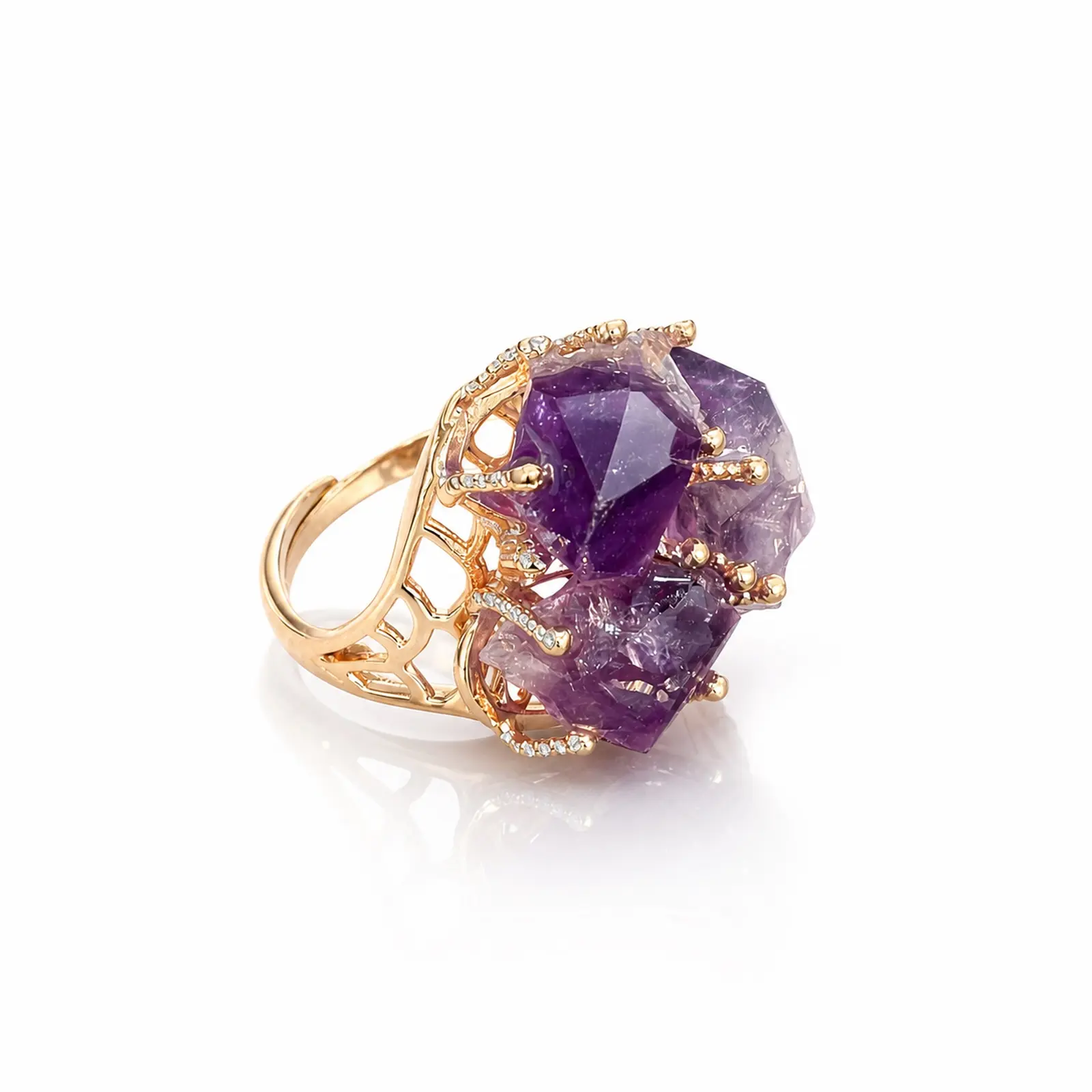 [JACUPO]18K Rose Gold Plated Raw Crystal Adjustable Ring for Women, Natural Amethyst Citrine Clear Quartz Rough Stone Open Band, 3 Healing Crystal Mineral Ring, Vintage Crystal Jewelry Gift with Dark Green Drawer Jewelry Box & Black Velvet Pouch