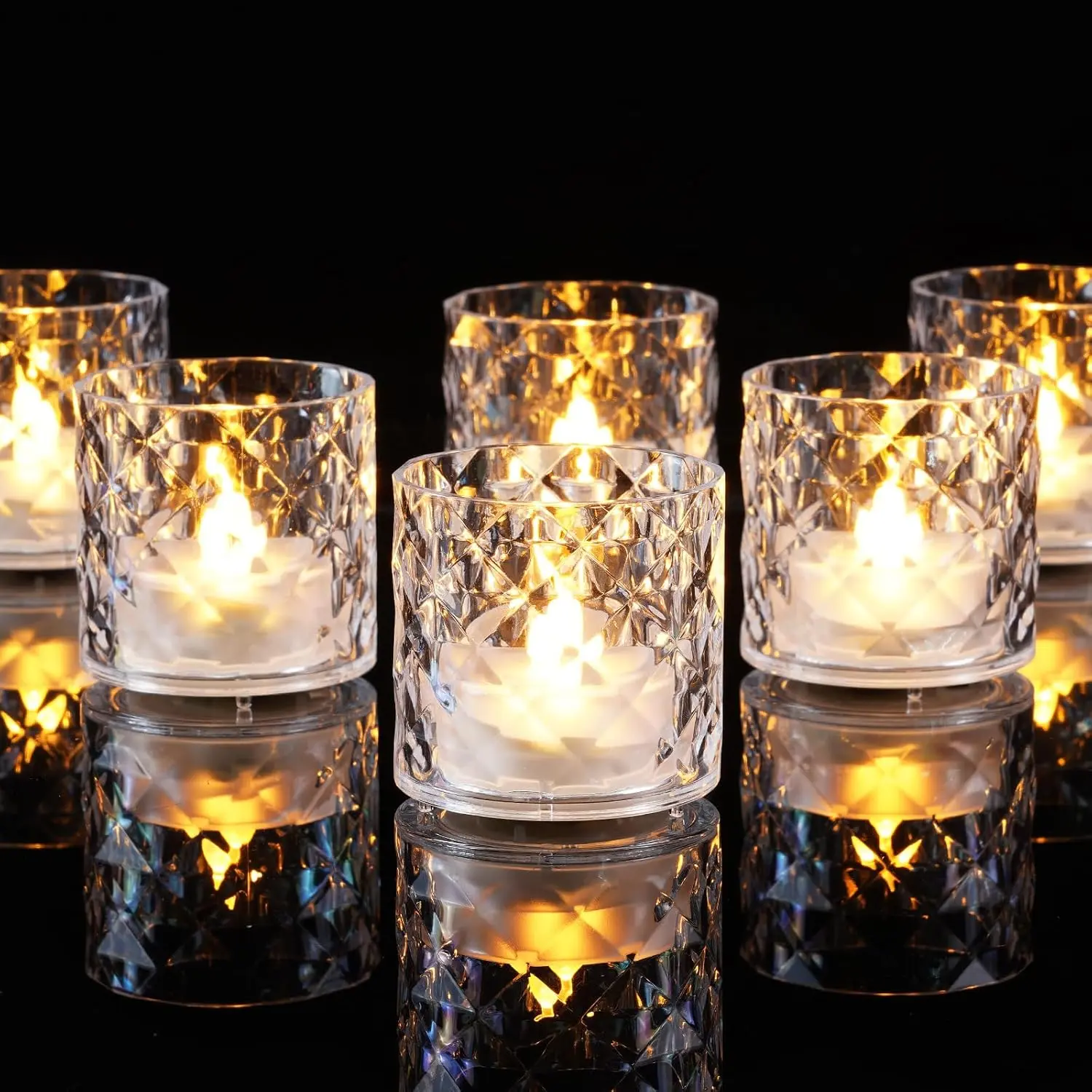 12PCS 2" x 2" Acrylic Votive Candle Holders with Auto Timer Flameless Led Tealight,mothersdaygift Battery Powered Fake Electric Candles for Wedding Centerpiece, Table, Christmas Decor (12Pack, Clear Base)