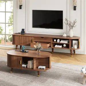 Wooden Farmhouse TV Stand & Coffee Table Set with Charging Station, Oval Fluted Media Console with Sliding Doors for TVs up to 80", Mid-Century Center Table with Solid Wood Legs for Living Room,Walnut(High end and high-quality)