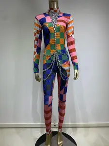 Rainbow Geometric Checker Striped Print Rhinestone Detail Skin Tight Long Sleeve Stage Performance Jumpsuit