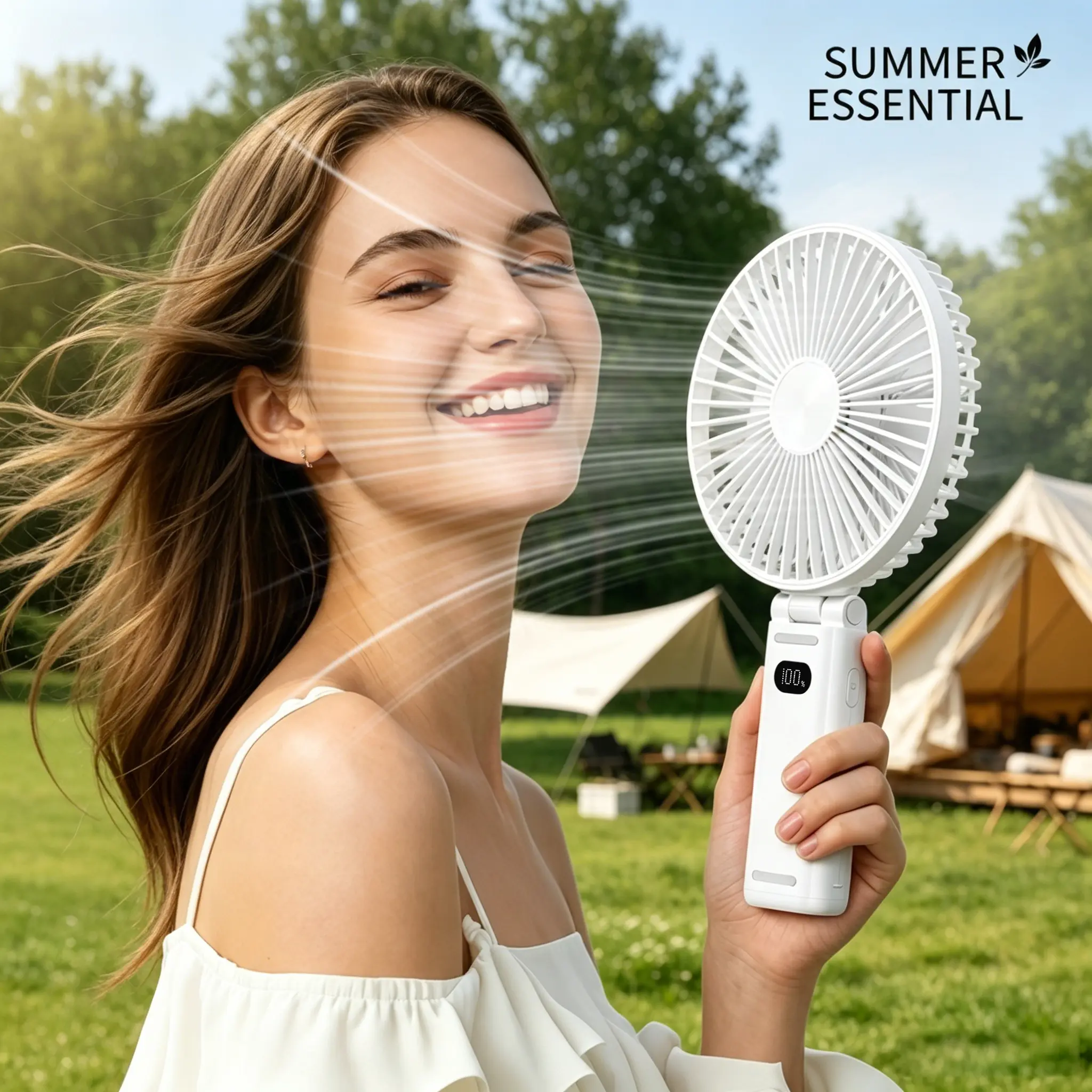 Handheld Fan with 3600mAh Battery, Digital Power Display, 4-Speed Turbo Airflow, 180° Foldable Desktop Fan, Includes Premium Lanyard & Type-C Cable