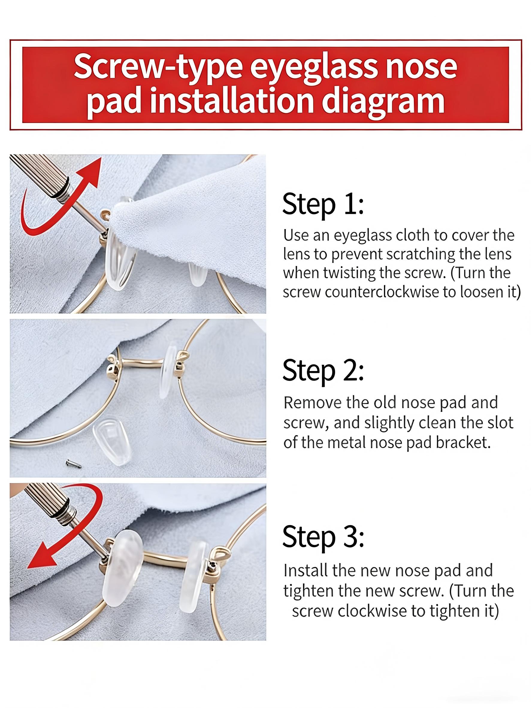 Eyeglass Nose Pads Kit · Upgraded Ultra-Soft Silicone Air Cushion Pads · Non-Slip Screw-in Glasses Repair Kit with Free Tools & Accessories · Perfect for Daily Glasses Wearers · All-Day Comfort for Work & Daily Use