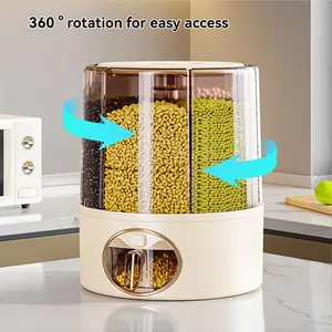 Rice Dispenser, Large Grain Container Storage with Lid Measuring Cylinder Household Cereal Dispenser Bucket , 6-Grid Food Dispenser, Rotating Rice Bucket , One-Click Output, 360°,For Kitchen Soybean Corn, SummerEssentials