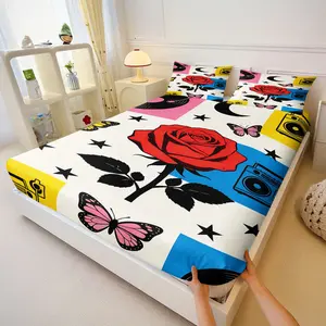 Vintage Pop Art Rose Fitted Sheet Set, Cozy Plush Bedding, Full/queen Size, All-Season Use, Easy Care