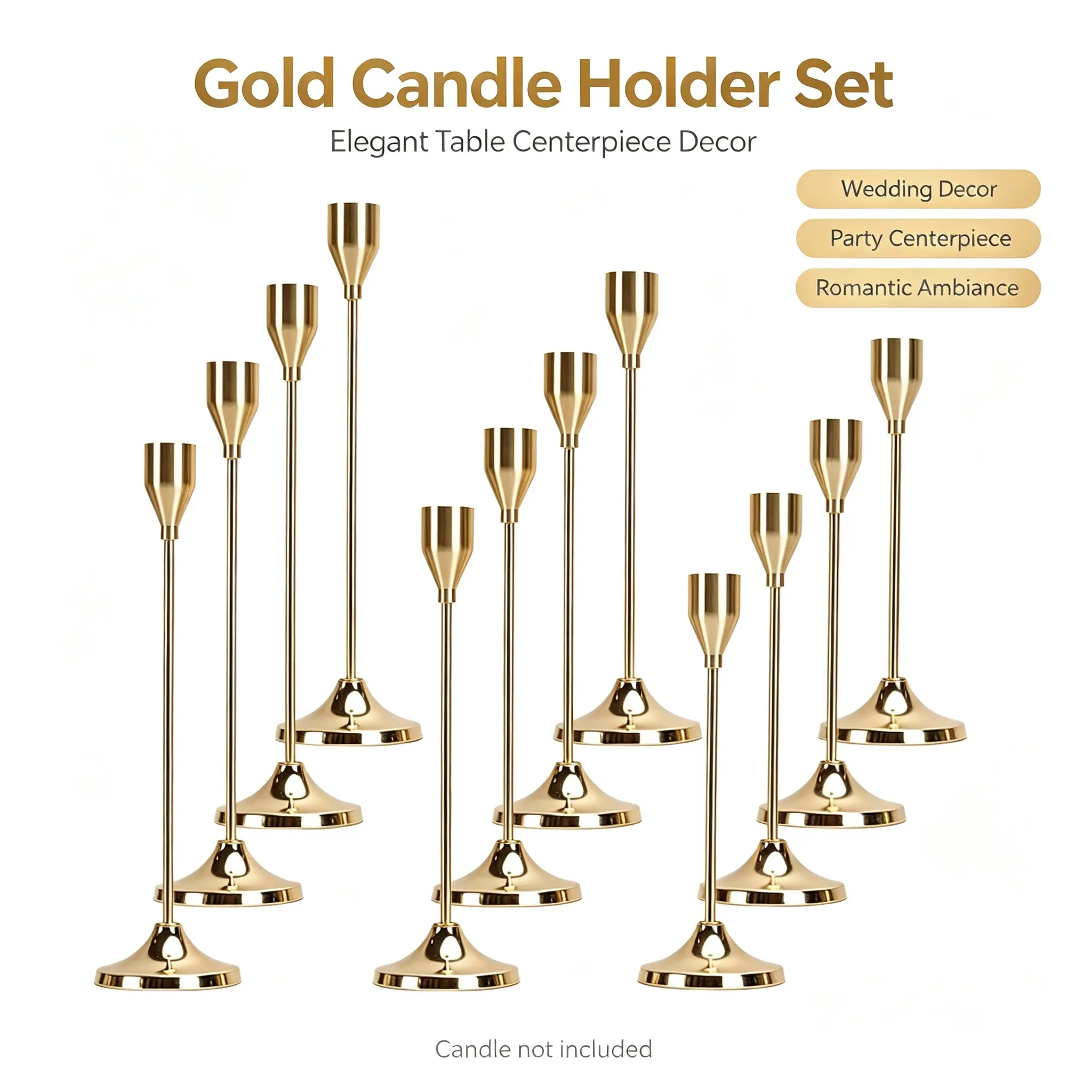 Matte Black-Gold Metal Taper Candle Holders Set (6/12 Pcs) - Large, Long, Minimalist Modern Candlestick Holders, Bulk Table Centerpieces for Wedding, Home Decor, Large Metal Candlestick Holders
