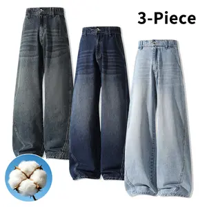 Men's Retro Style Jeans, 3-Pack Loose Wide-Leg Pants in Multi-Tone Washed Cotton, High-Waisted Breathable Streetwear with Pockets