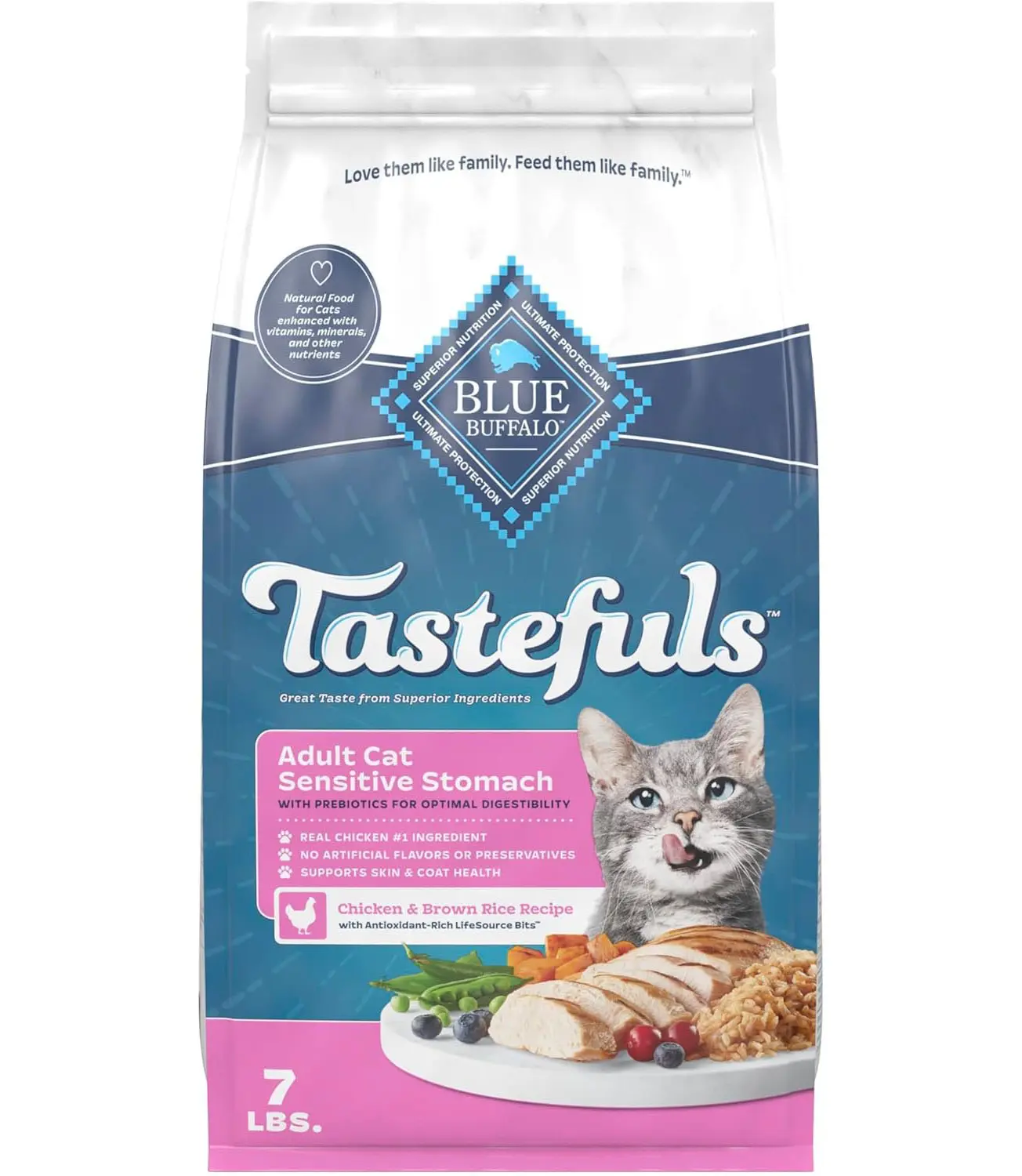 Blue Buffalo Tastefuls Chicken & Brown Rice Recipe Sensitive Stomach Adult Dry Cat Food, Real Chicken First, Deliciously Healthy Natural Cat Food, Natural Ingredients, Supports Digestion, 7-lb Bag
