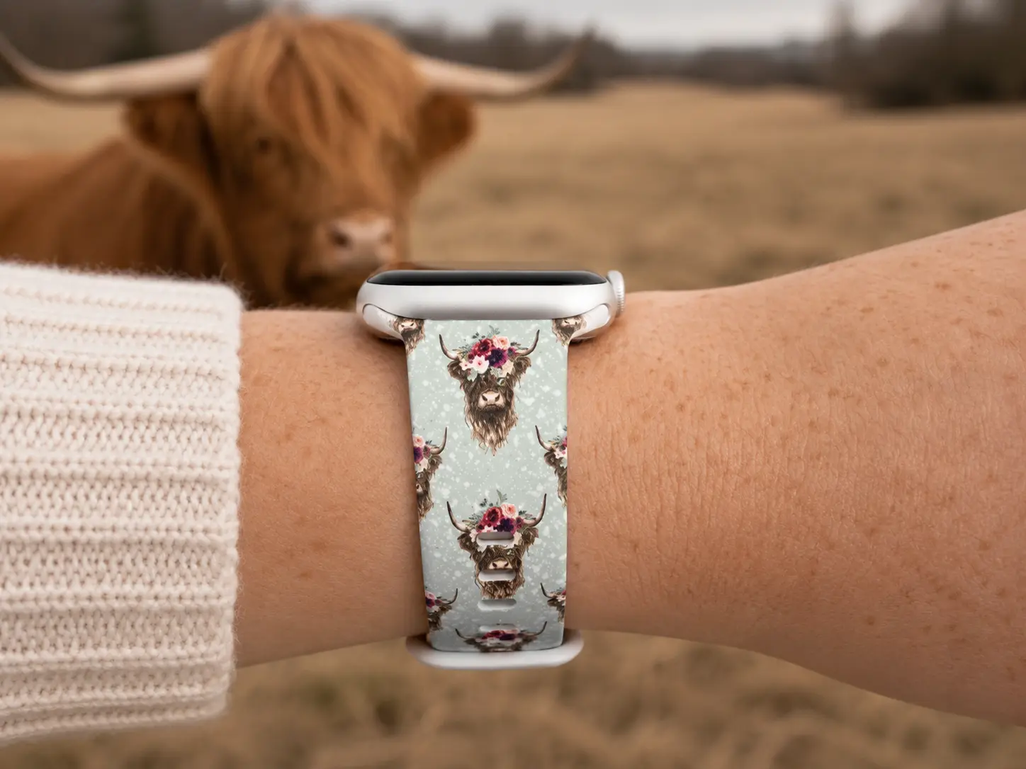 Floral Highland Cow Watch Band | Rustic Farmhouse Western Design | Compatible with Apple & Samsung Watches