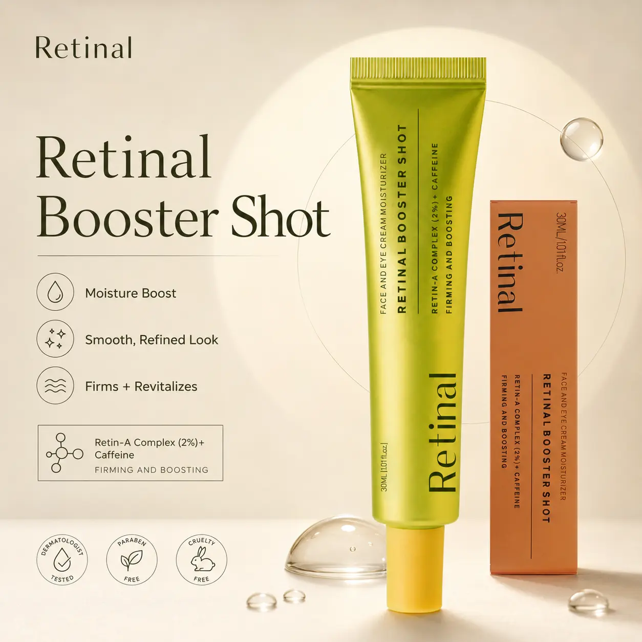 Retinal Booster Shot Face & Eye Cream with Caffeine, Lightweight Hydrating Moisturizer for Smooth-Looking Texture & Dewy Glow, K Beauty Night Skincare, Glass Skin Routine, 30ML