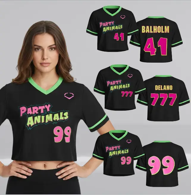 Retro Party Animals Football Jersey Crop Top - Neon Green Contrast V-Neck Mesh Shirt, Festival Concert Fan Merch Sportswear, Casual Women Streetwear