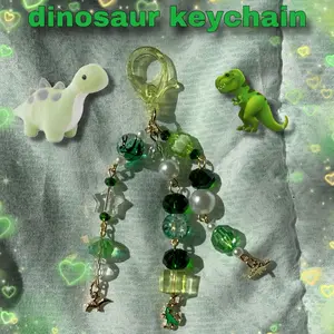Cute Dinosaur Keychain, Handmade with Stainless Steel Wire, Glass Beads, Plastic Beads, and Recycled Pearl Beads, And 3 Dinosaur Charms