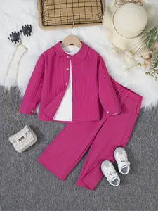 Girls Long Sleeve Shirt Pants Set, Collar Button Simple Fashion Two-Piece, Spring & Fall Casual Blouse, Regular Length, Fashion Clothes Set