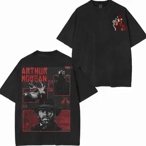 Arthur Morgan Washed T-Shirt Red Dead Redemption RDR2 Game Graphic Tee Premium Quality Thick Streetwear Oversized Gaming T Shirt Gift for Him OX2