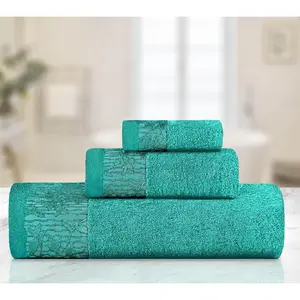 Superior Cotton Embroidered Jacquard Border 3-P iece Towel Set