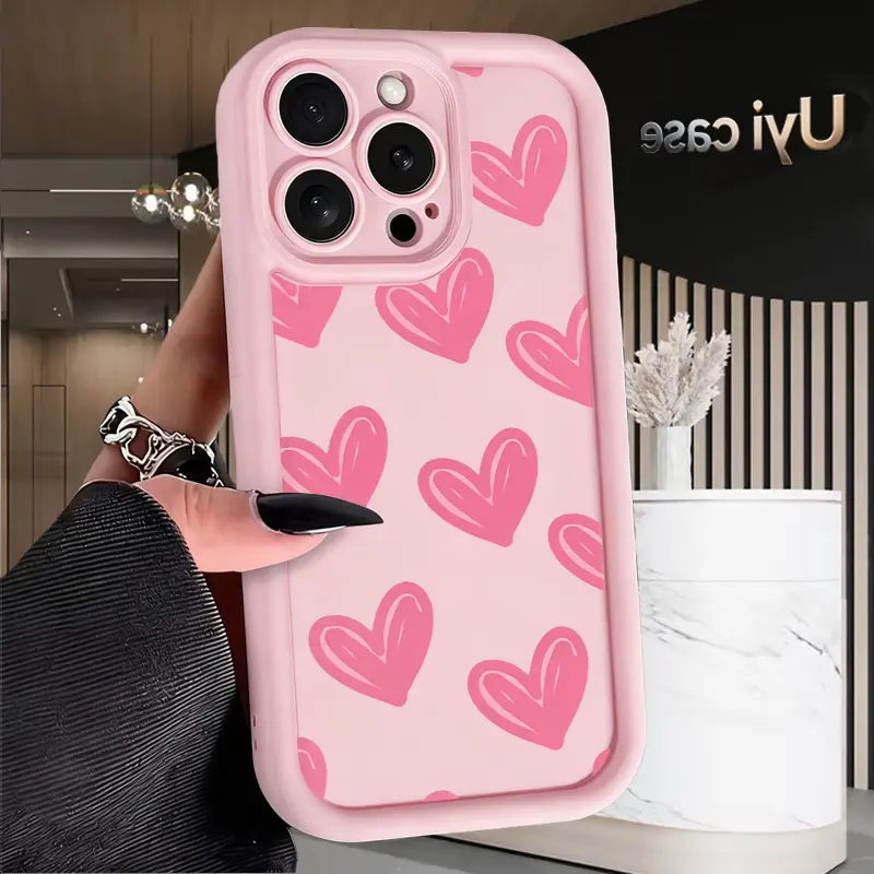 Pink Heart Soft Case for iPhone 16 16e 17 Air 15 14 13 12 11 Pro Max Plus X XS Shockproof Drop Protection Rugged Durable Silicone Cover with Elevated Edges Protective Smartphone Cellphone Casing