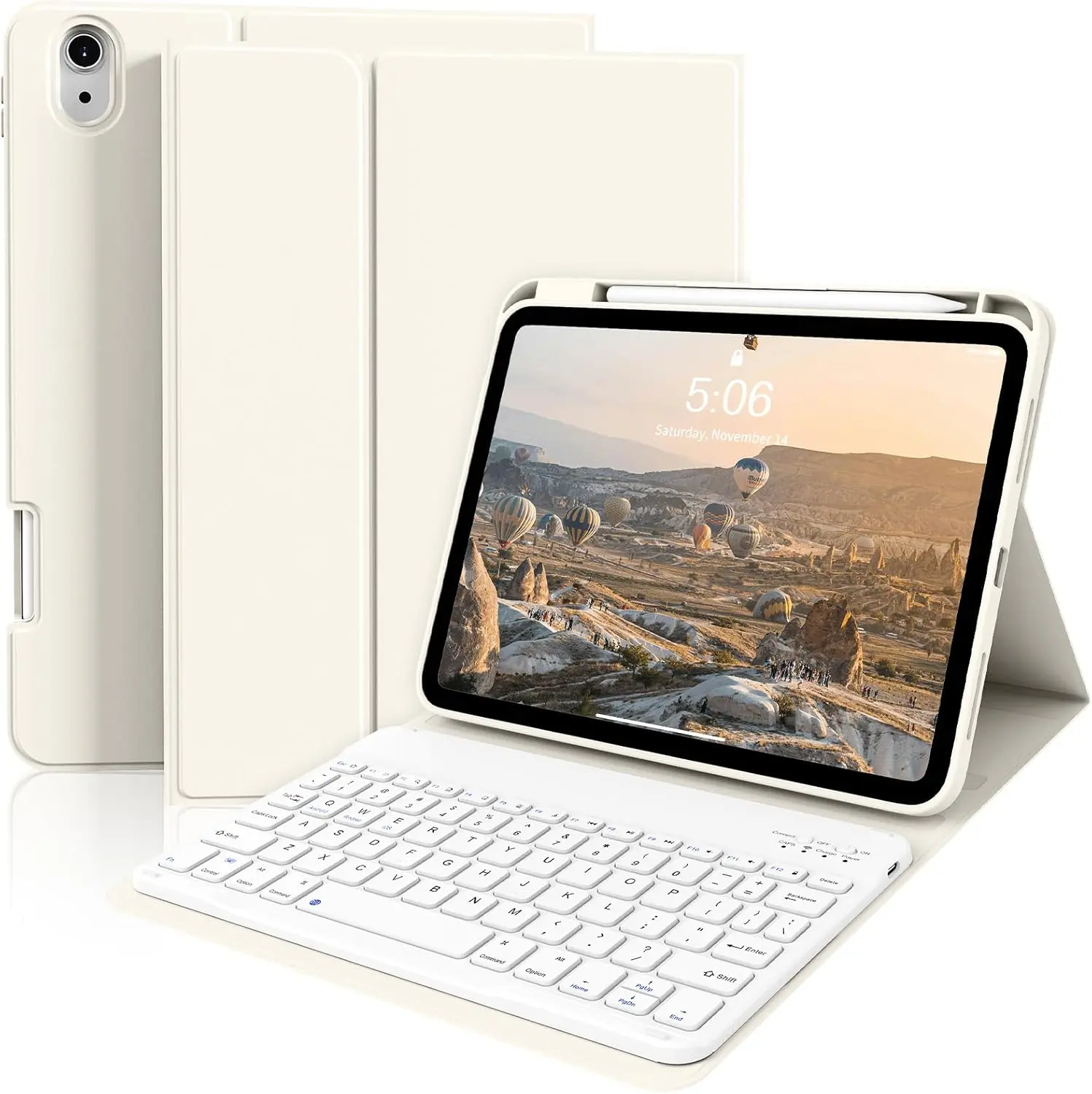 iPad(A16) 11th/10th Generation Case with Keyboard (11/10.9 inch) | 2025/2022, Square Key, Wireless Detachable Bluetooth Keyboard Cover, Flip Stand Case Thin with Pencil Holder, Cream White (Tablet and stylus are NOT included)