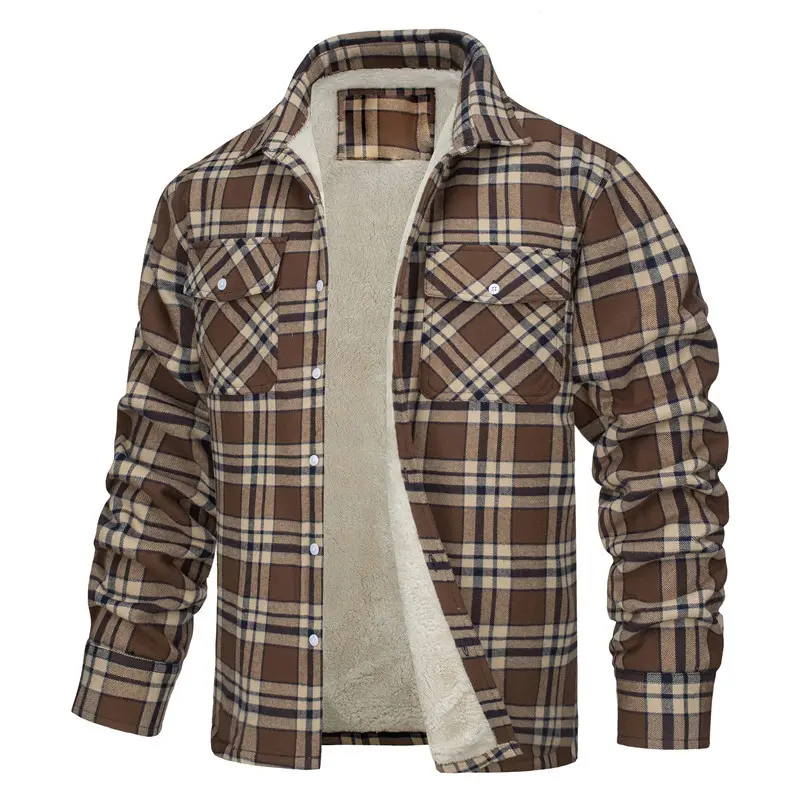 Men's fleece plaid jacket, autumn and winter long-sleeved, lapel single-breasted loose coat
