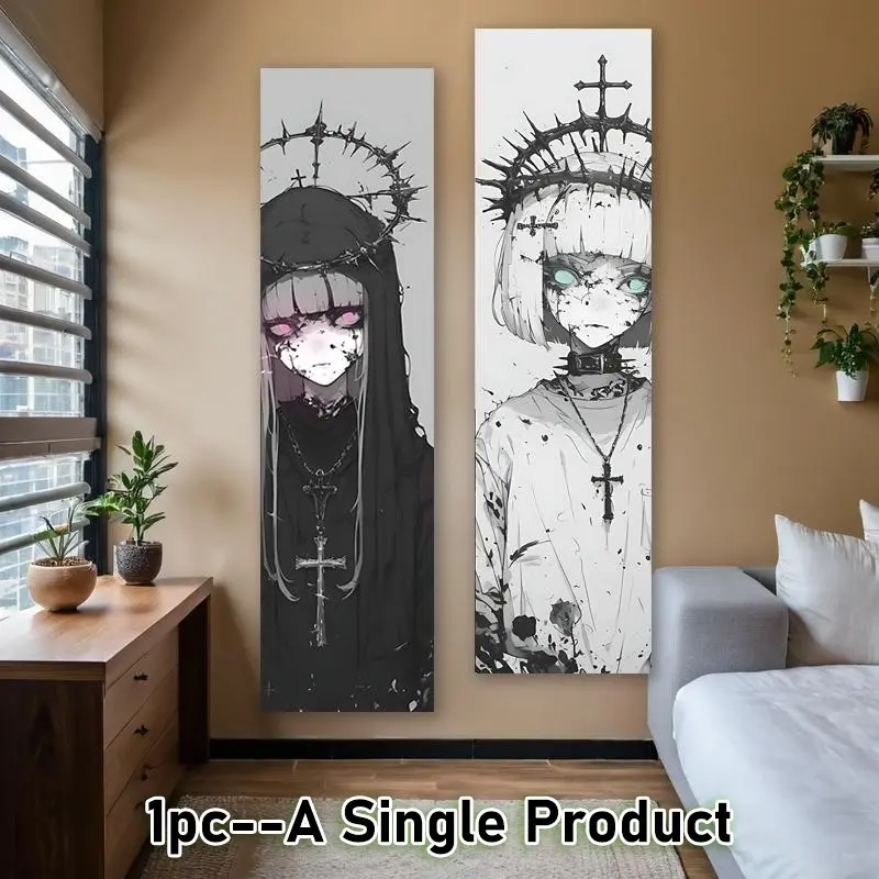 Gothic Anime Girl Vertical Banner Tapestry, Decoration, Wall Hanging Dark Aesthetic Long Narrow Wall Tapestry Teal Eyes Aesthetic Art Tapestries Ideal Gifts for Home Decor Enthusiasts Polyester Stitched Edges Home Decor