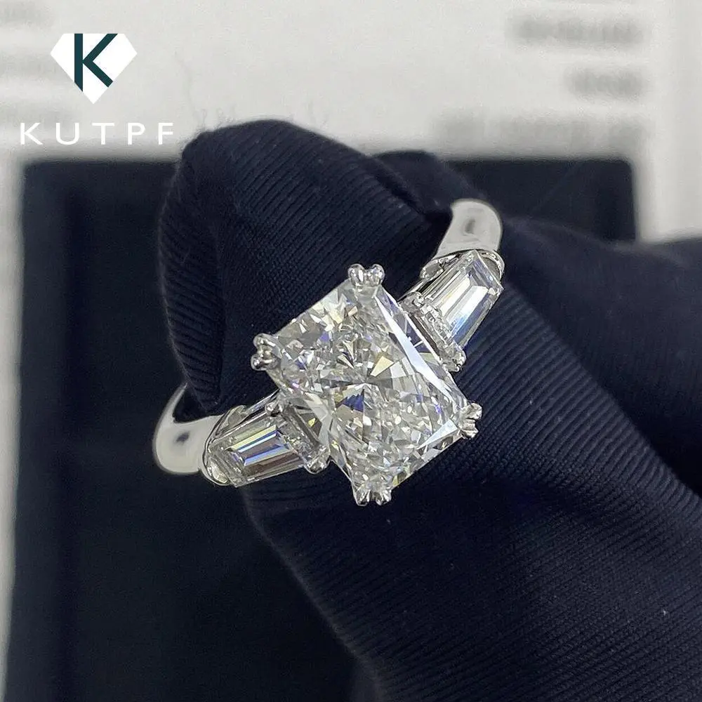 1/2/3/4Carat Radiant Cut Full Moissanite Engagement Ring with Tapered Baguette Shape Diamond S925 Silver Wedding Rings for Women