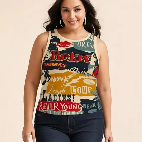 Vintage Poster Print Women's Casual Sleeveless Fitted Knit Vest Tops, Sleeveless Knitted Tank, Summer Fashion, Comfortable and Stylish, Perfect for Daily Wear, Trendy Design