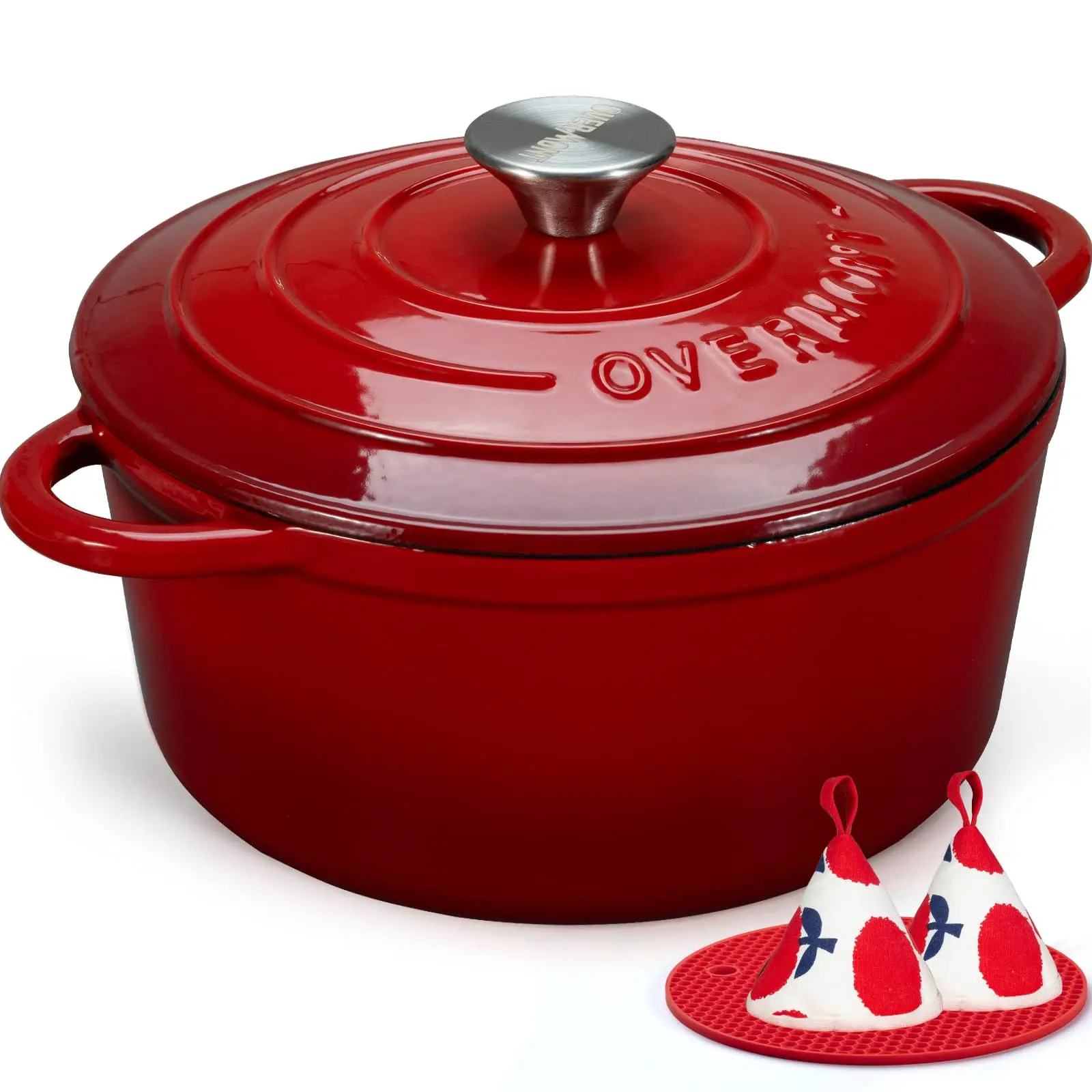 Overmont Cherry Red Enameled Cast Iron Dutch Oven with Lid, Deep Large Oven-Ready Cookware for Simmering, Braising, Sourdough Baking