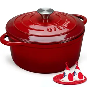 Overmont Cherry Red Cast Iron Dutch Oven with Enamel Coating & Lid Multi-Purpose Casserole Pot for Simmering Braising Boiling Oven Roasting Sourdough & Bread Baking